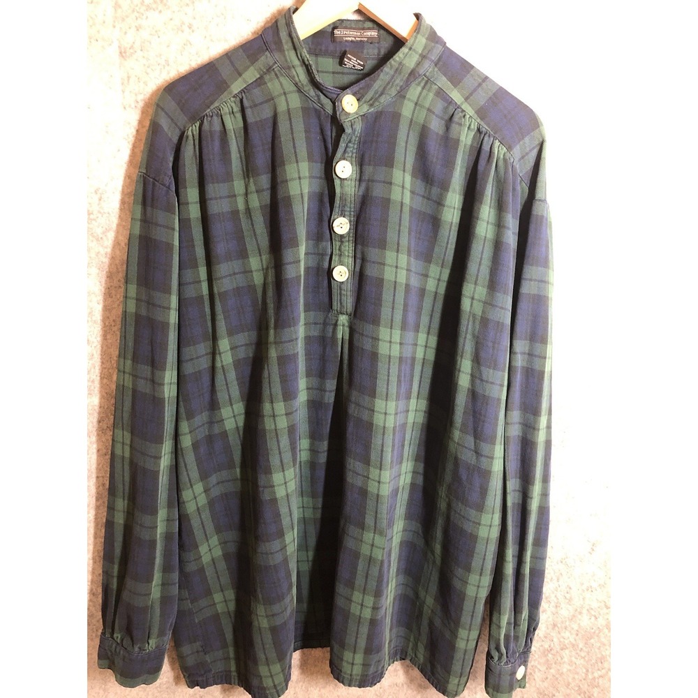 Vintage J. Peterman Shirt Mens Large Blue Tartan Plaid Henley Band Collar Poet